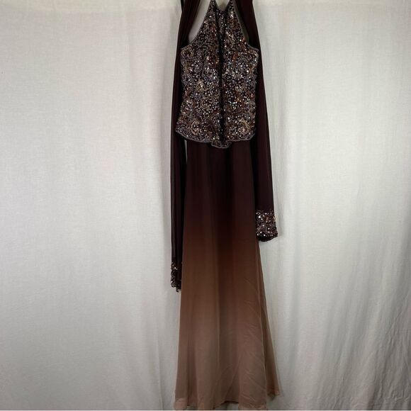 Cassandra Stone Brown Vintage 90s Silk Beaded Halter Ombre Prom Formal Gown 12 - Picture 2 of 11